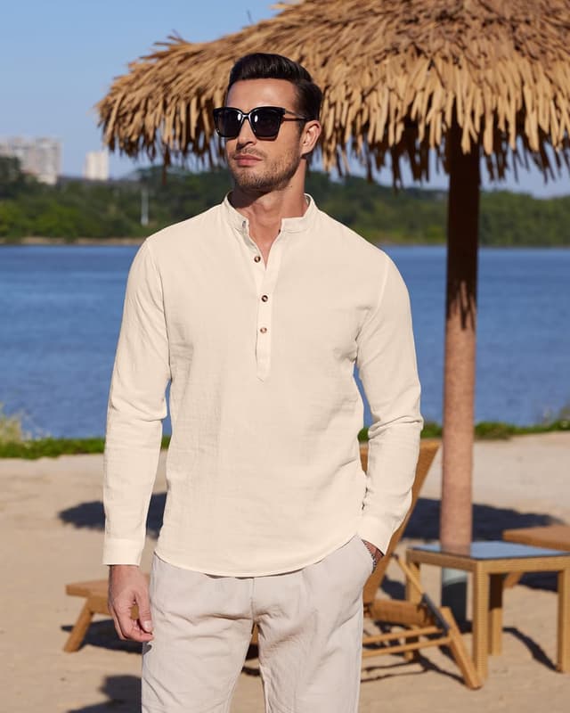 Detalle de YAOBAOLE chemise lin homme à manches longues (style henley, mao) – coton lin léger pour l’été