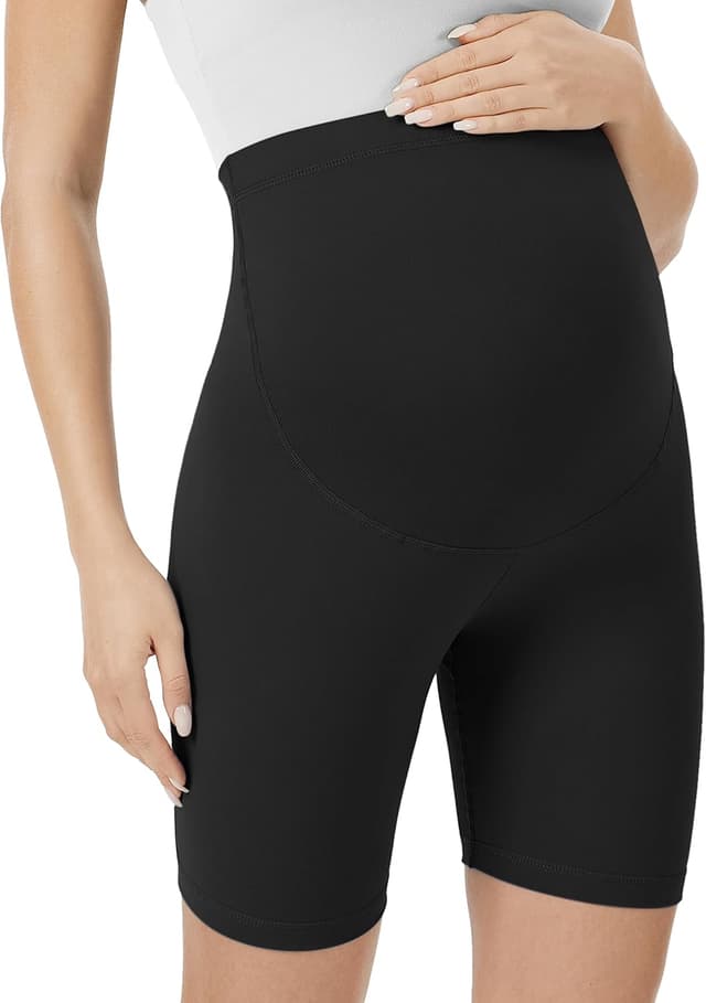 Detalle 2 de VALANDY Creamlush maternity over-belly biker shorts (S–XL) for lounge, yoga & everyday wear