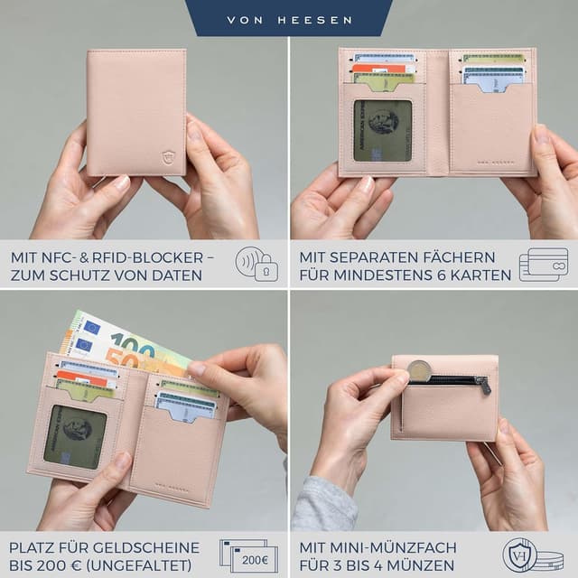 Detalle 2 de VON HEESEN Herren- & Damen-Leder-Geldbörse mit Münzfach und RFID-Schutz (Rose)