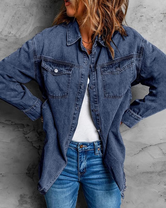 Thumbnail 4 de Vetinee Women’s Oversized Button-Up Frayed Hem Shacket Denim Jacket