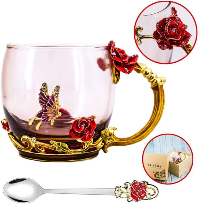Detalle 2 de Luka Tech Enamel Butterfly & Rose Lead-Free Glass Coffee Mug with Steel Spoon (Rose)