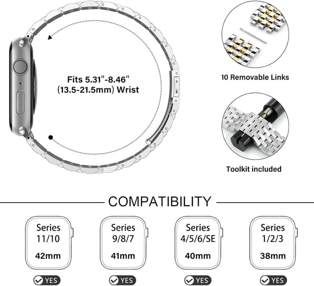 Detalle de Tasikar stainless steel metal watch strap (Silver-Gold) for Apple Watch 42mm/41mm/40mm/38mm