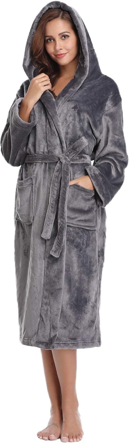 Detalle de Vlazom Peignoir polaire femme à capuche en flanelle (polyester) – robe de chambre chaude et douce