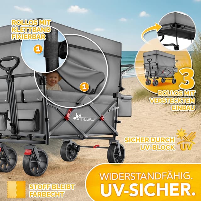 Thumbnail 6 de TRESKO faltbarer Bollerwagen mit Dach, Kühlfach & Seitenrollos (bis 150 kg) – inkl. Vollgummireifen, Feststellbremsen & 3-Punkt-Gurt