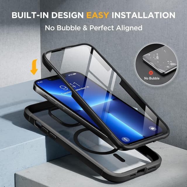 Detalle de Miracase Magnetic Case for iPhone 13 Pro Max (6.7-inch) with built-in 9H tempered glass screen protector, clear back, MagSafe compatible (Black)