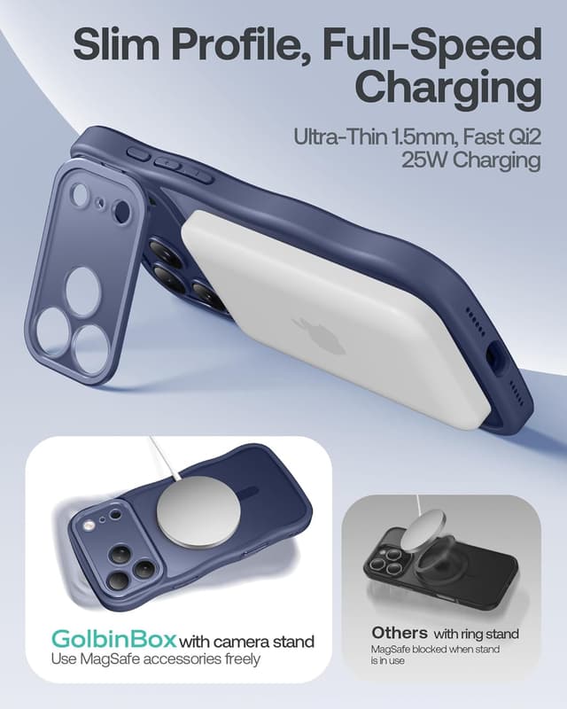 Detalle de GolbinBox iPhone 17 Pro Max Case with Stash Stand (6.9") — MagSafe Compatible, Full Camera Protection, Deep Blue