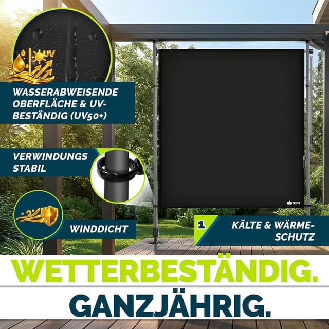 Detalle 2 de tillvex® Klemmmarkise Senkrechtmarkise mit Handkurbel – Sichtschutz & Wetterfestes Balkonrollo ohne Bohren (Schwarz, 120x310 cm)