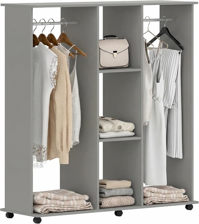 Detalle de HOMCOM armoire penderie ouverte mobile en bois gris, rails aluminium et 6 roulettes (120 x 40 x 128 cm)