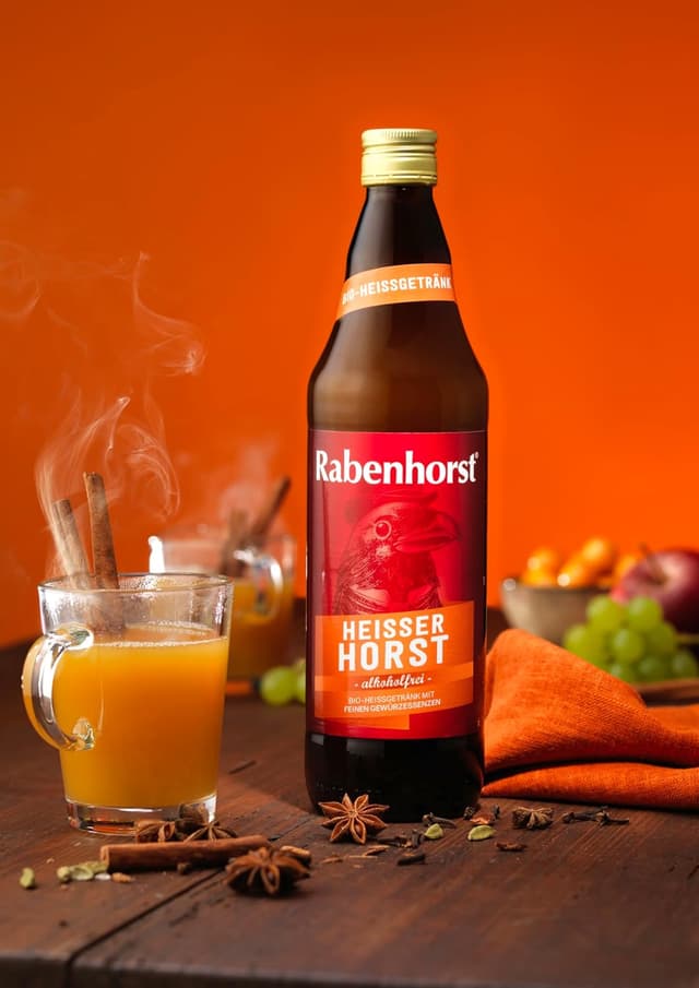 Detalle 2 de RABENHORST „Heißer Horst“ 6er Pack (6 x 700 ml) – alkoholfreies Bio-Heißgetränk mit natürlichem Vitamin C