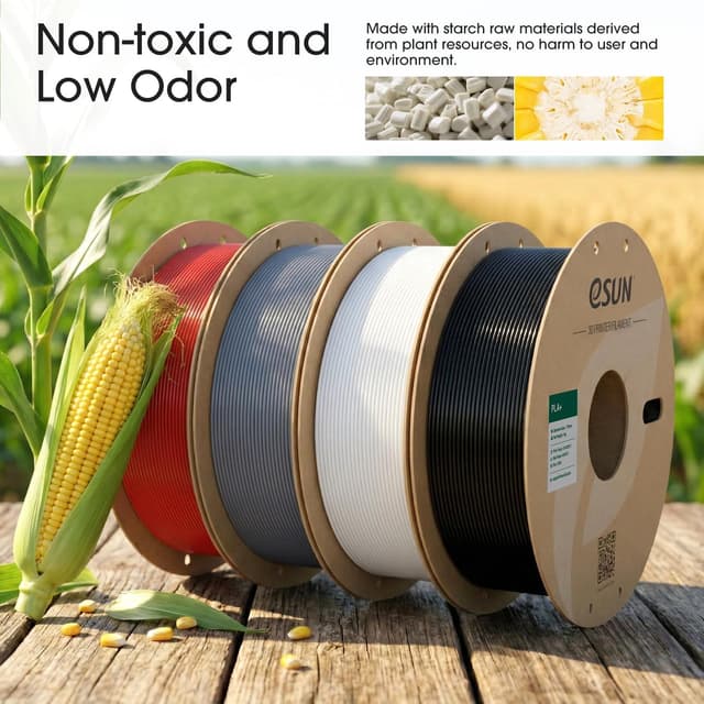 Detalle de eSUN PLA+ 1.75mm filament (PLA Plus) – enhanced toughness, ±0.03mm accuracy, 4×1KG spools in black