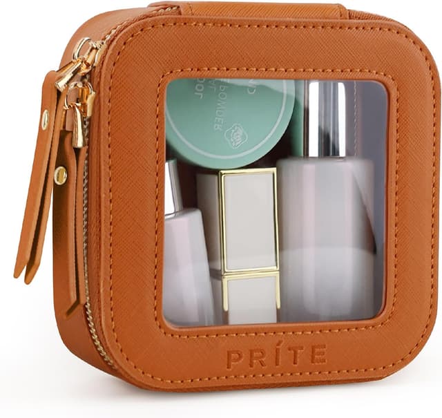 Detalle de Prite Small Clear Makeup Bag with Gift Box (Brown) – waterproof mini cosmetic case with double zippers