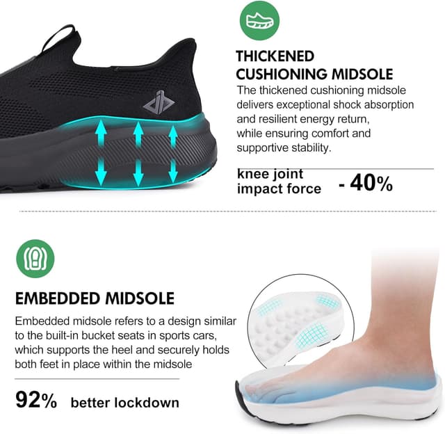 Detalle 2 de JACKSHIBO Mens Slip-On Wide Toe Box Trainers with Arch Support & Zero Drop Sole