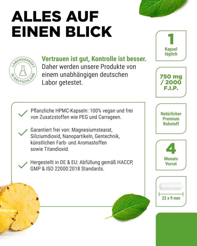 Detalle de Bromelain Intenso 750 mg (2000 F.I.P) – 120 magenresistente Kapseln, vegan