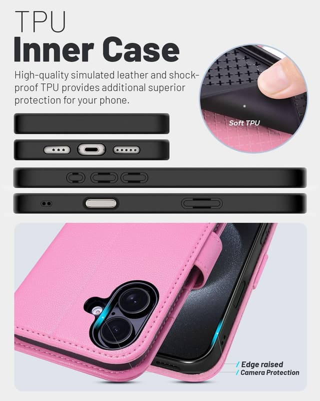 Detalle de OCASE Hülle für iPhone 17 5G mit Kartenfach, Magnet & Standfunktion (RFID-Blocker) – Rosa