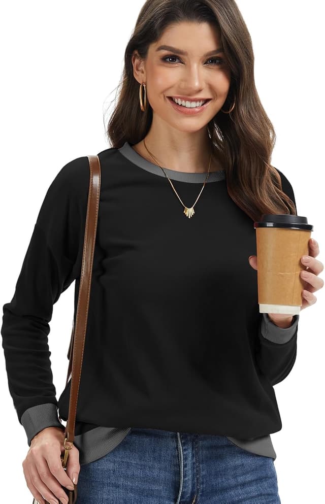 Detalle 2 de Cuptacc Damen Pullover mit Rundhalsausschnitt – weiches Langarm-Sweatshirt mit Kontrastdetails