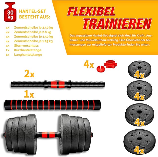 Detalle de RE:SPORT 2-in-1 Hanteln Set 15–30 kg (Kurzhantel & Langhantel), verstellbar mit Verbindungsrohr