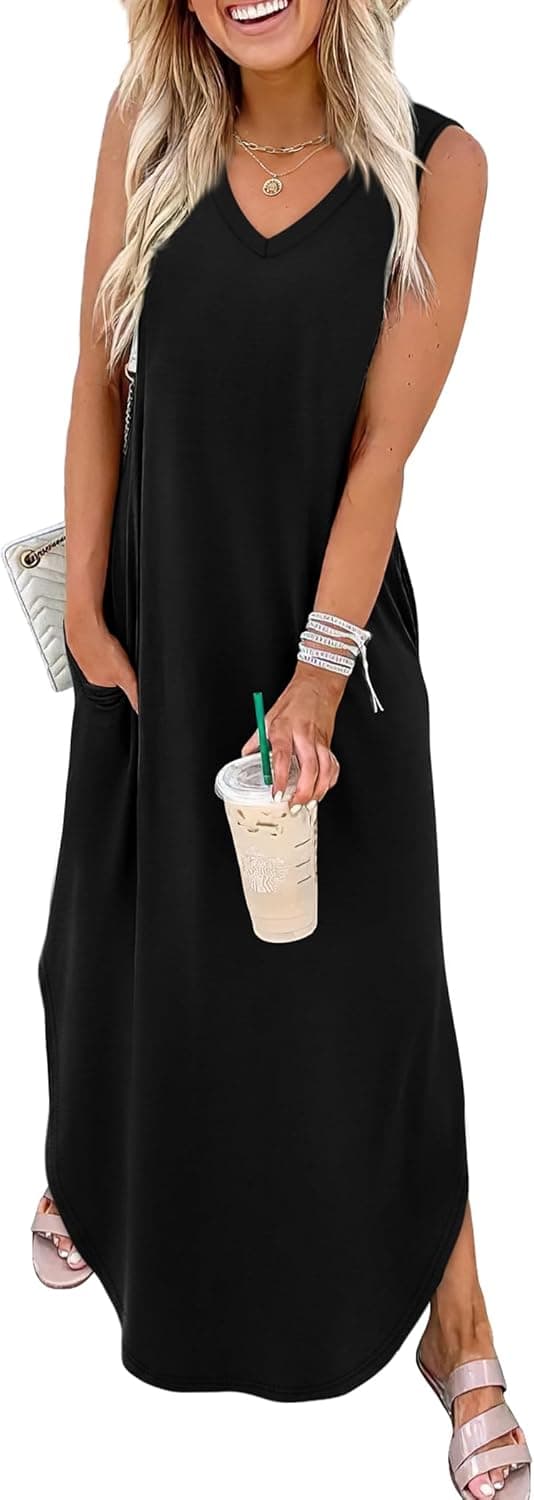 Detalle de Sampeel V-Neck Maxi Summer Dress with Pockets (Beach Vacation Style)