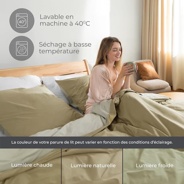 Detalle 2 de Dreamzie Housse de couette 200x240 réversible en coton beige (parure 3 pièces)