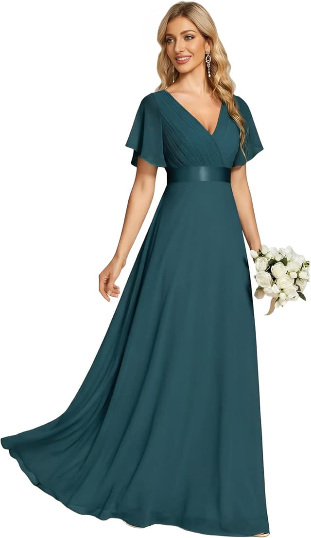 Detalle de Ever-Pretty Women’s Summer Short Sleeve Chiffon Empire Waist High-Low Formal Dress