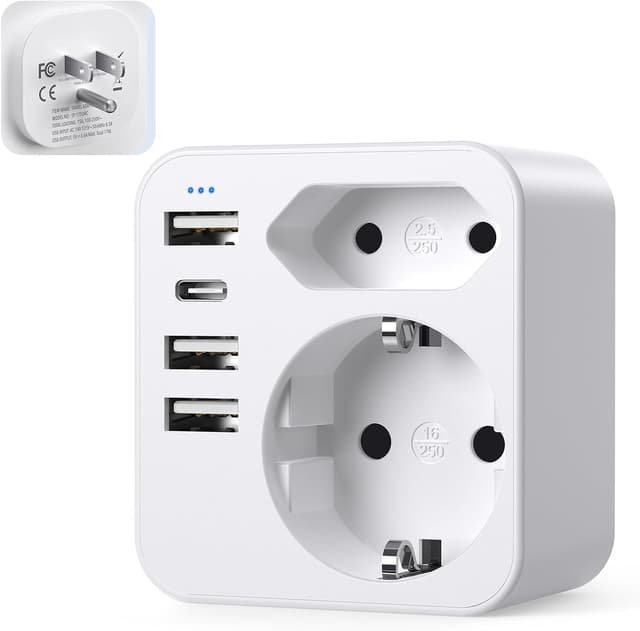 Detalle de USA Reiseadapter mit 3 USB + USB-C (bis 3,4 A) für Deutschland/Europa-Stecker