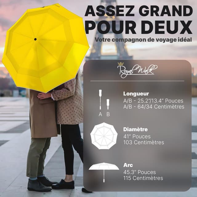 Detalle de Royal Walk Parapluie de poche automatique jaune avec double toit coupe-vent (L)