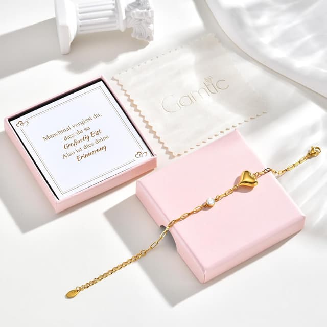 Detalle 2 de Gamtic Herz-Armband für Damen aus Edelstahl mit Zirkonia, 14K vergoldet (verstellbar)