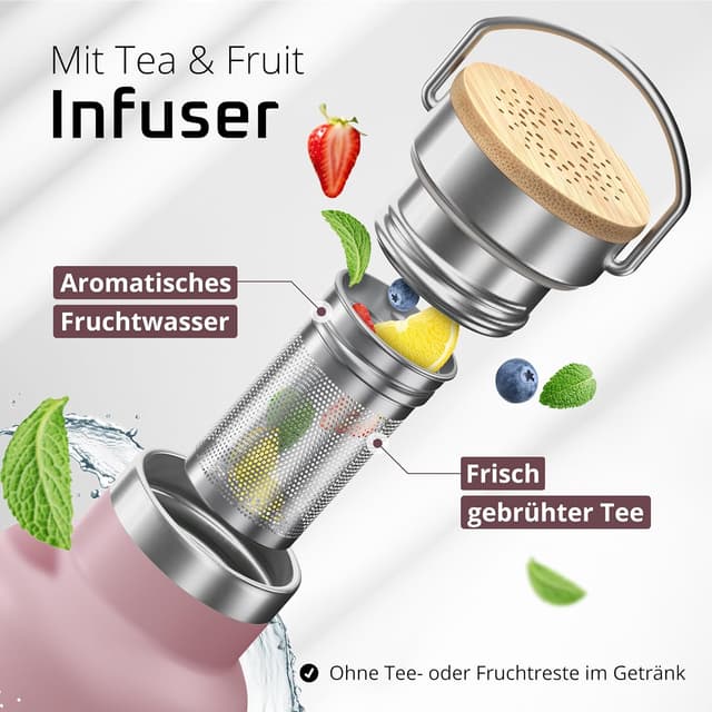 Detalle de Trinkflasche Edelstahl mit Strohhalm-Infuser & 3 Deckeln (BPA-frei, auslaufsicher) – 530 ml, isoliert