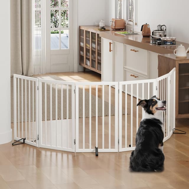 Detalle 1 de Algherohein hohes, faltbares Hundegitter für Türen (6 Paneele, weiß) – freistehend für Innenräume