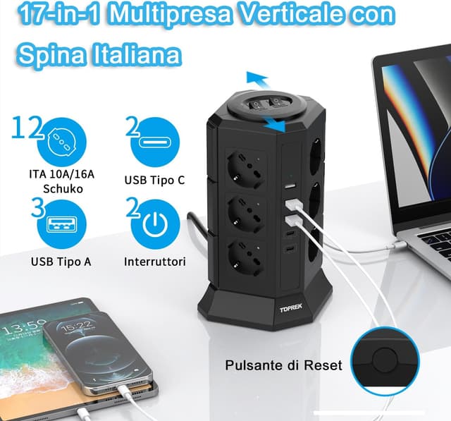 Detalle 2 de TOPREK Ciabatta Multipresa Verticale con 12 prese ITA 10/16A, Schuko e 5 porte USB (2 USB-C 20W PD + 3 USB-A) con cavo 2 m