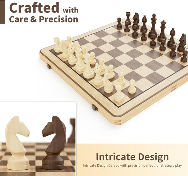 Detalle 2 de 38 cm Holz Klapp-Schach- und Dame-Set mit 7,6 cm König ♟