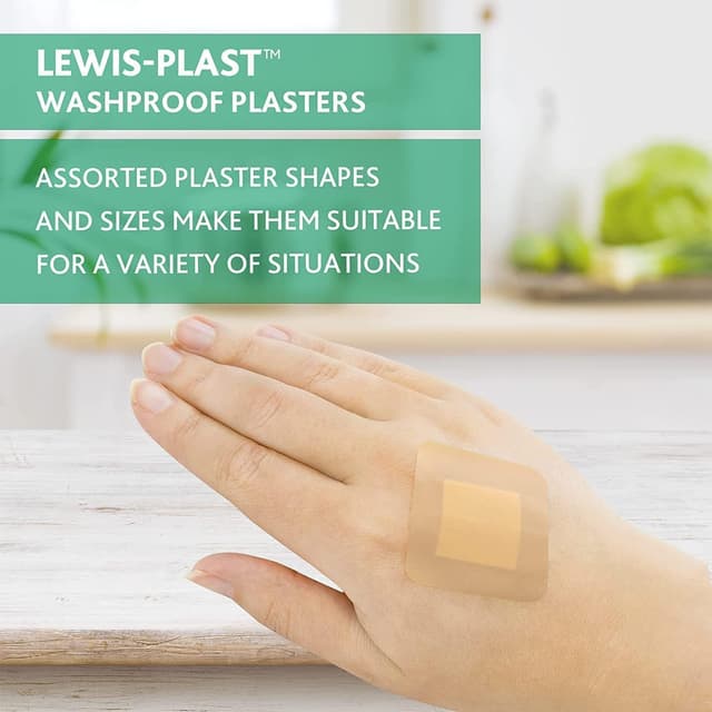 Detalle 2 de Lewis-Plast Premium Assorted Washproof Sterile Hypoallergenic Plasters, Box of 100 (Waterproof-style first aid)