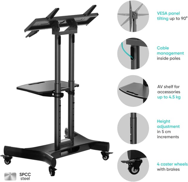 Detalle de ONKRON TS1350-B mobiler TV-Ständer mit Rollen für 32–70 Zoll, höhenverstellbar & neigbar (VESA bis 600×400)