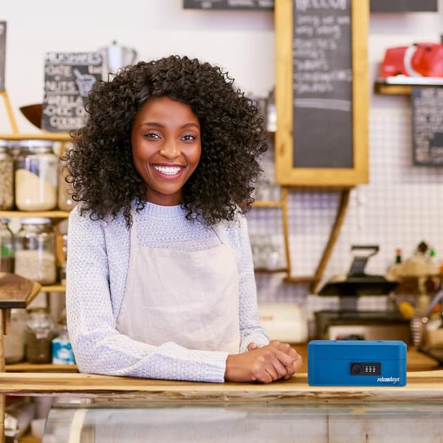 Detalle de Caisse à monnaie Relaxdays avec serrure à combinaison 3 chiffres (HLP : 8,5 x 20 x 17 cm) – Bleu