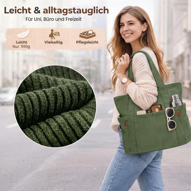 Detalle de Captain Blues women’s corduroy tote bag with zip – large laptop compartment work & school bag