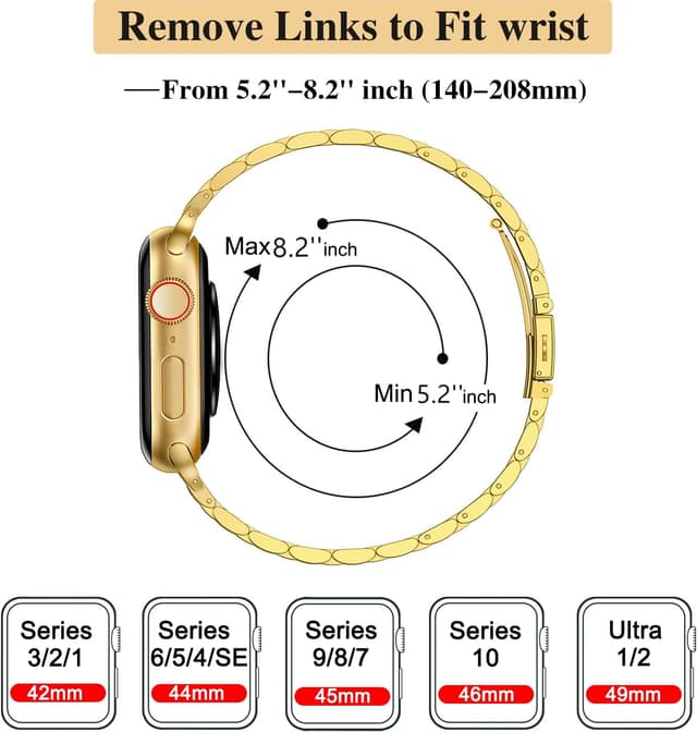 Detalle 2 de MioHHR Slim Straps Thin Stainless Steel Chain Band for Apple Watch (Gold) – 42mm–49mm compatible