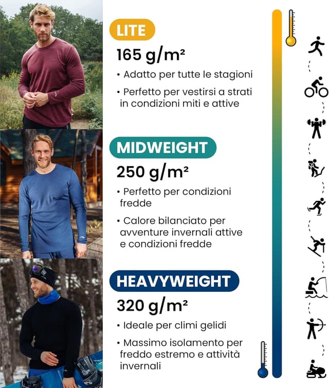 Detalle de Merino.tech Maglia Termica in Lana Merino Uomo 100% (leggero/medio/pesante) con calzini in omaggio