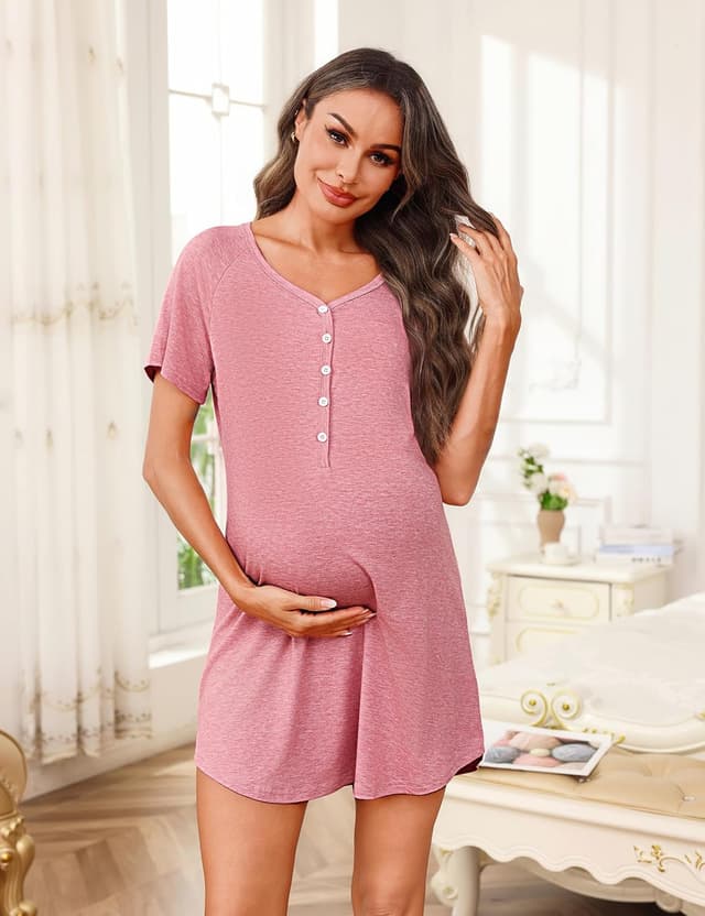 Detalle de Uniexcosm Stillnachthemd Damen – Kurzarm aus Baumwolle/Elasthan mit Knopfleiste und V-Ausschnitt