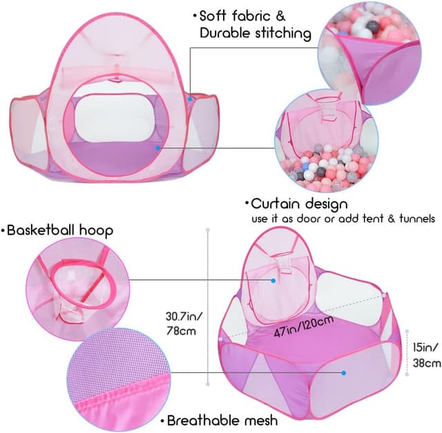 Detalle 2 de Eocolz Grand bac à balles pour enfants – tente pop-up et maison de jeu avec panier de basket et sac de rangement