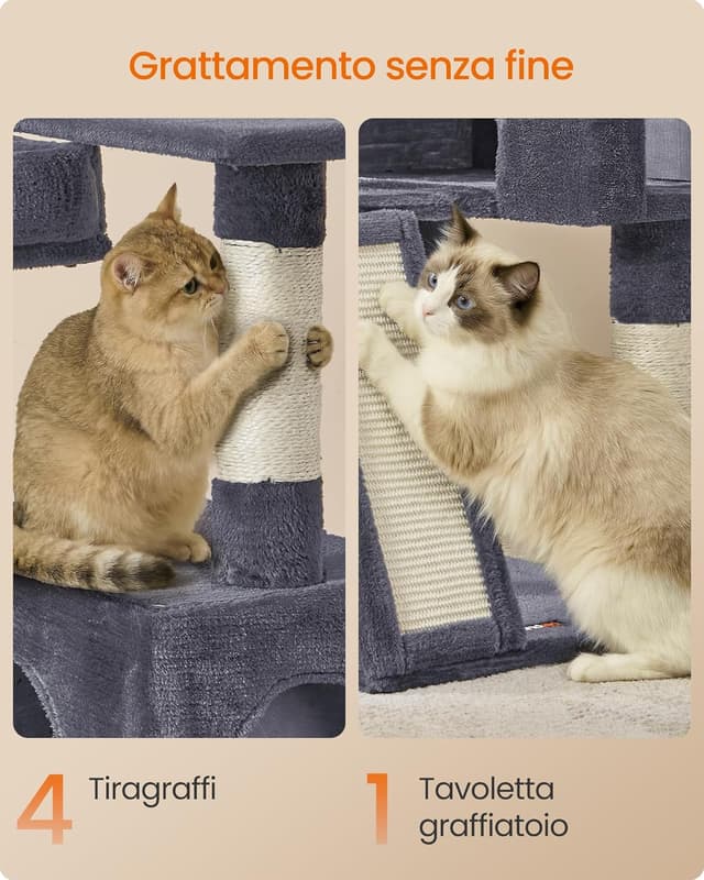 Detalle de Feandrea Albero Tiragraffi PCT012GS01 in grigio scuro: torre con 3 piattaforme e cuccia