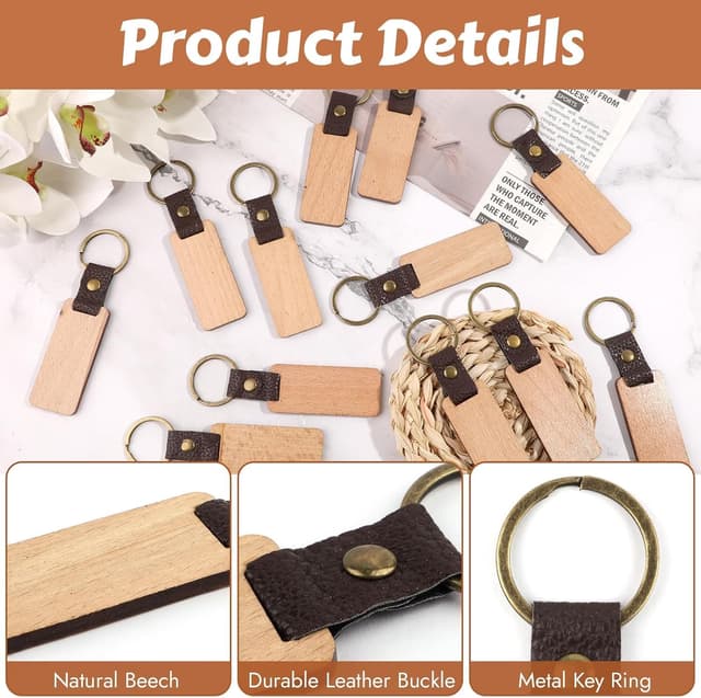 Detalle de Svalor 12 Pack Wooden Keyring Blanks for Laser Engraving (Rectangle Beech Wood)