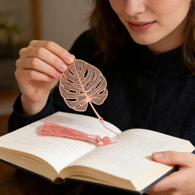Detalle de YBhuoo Elegant Metal Bookmark with Tassel & Gift Box (Rose Gold Monstera)