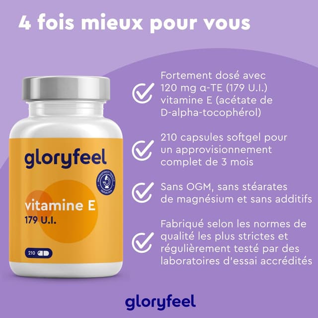 Detalle de Vitamine E 210 capsules bioactives – D-Alpha tocophérol (cure 3 mois) en softgels