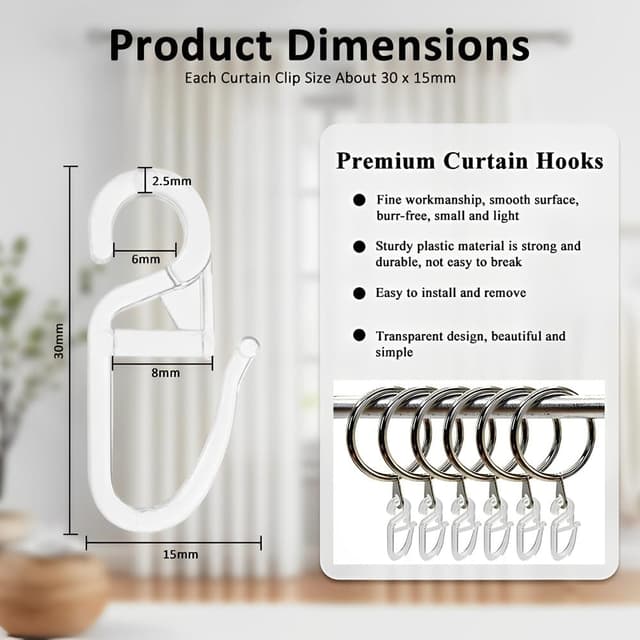 Detalle de JIADEXIN Gardinenhaken Set (100 Stück) – transparente Überklipshaken mit 6-mm-Öse für Vorhangstangen