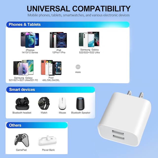 Detalle 2 de 4 Pack Dual-Port USB Wall Chargers (White) — 5V/2.1A USB Power Adapters for iPhone, Galaxy, Pixel & More