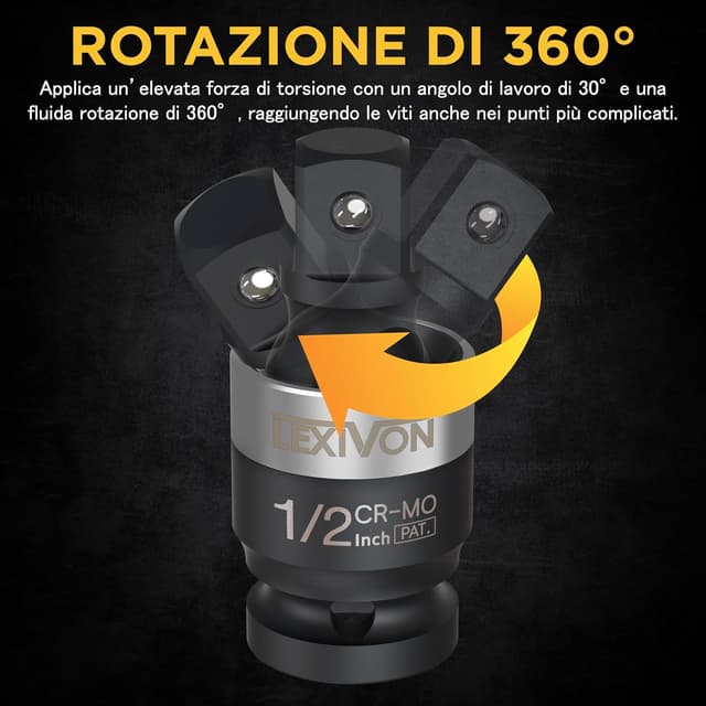 Detalle de LEXIVON LX-113-S adattatori per bussola con snodo sferico (1/4"-3/8"-1/2"), set da 3 per avvitatore a batteria e chiave dinamometrica