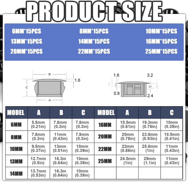 Detalle de Dncvb Abdeckkappen für Bohrlöcher (135 Stück) – 9 Größen, Blindstopfen aus Kunststoff in Schwarz