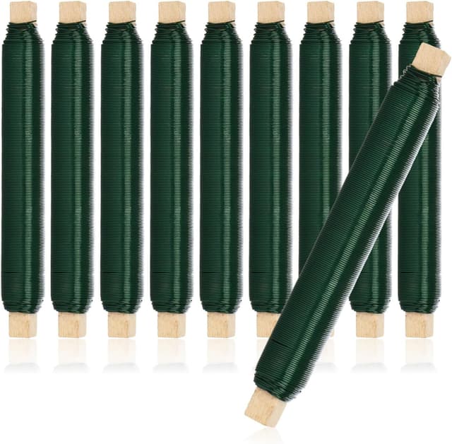 Detalle de com-four® 10x Blumenwickeldraht-Set (grün) – Bindedraht auf Holzstab, 0,65 mm, 10 Stück