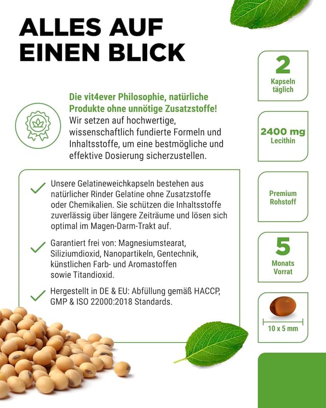 Detalle de vit4ever Lecithin 1200 mg – 300 Softgels (Sojalecithin, ohne Gentechnik)