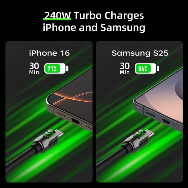 Detalle de MFish 4-in-1 Fast Charging Cable with Case (6.6FT, 240W Max PD 3.1) USB-A/USB-C to USB-C/Lightning, RGB Light, CarPlay Compatible, Black