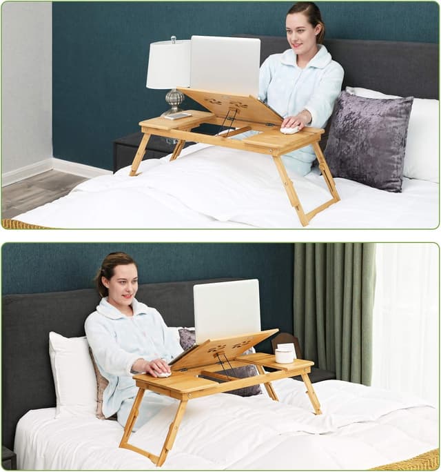 Detalle de SONGMICS Laptoptisch LLD004: klappbar, höhenverstellbar mit Schublade (Bambus, 71,5 x 35 cm)